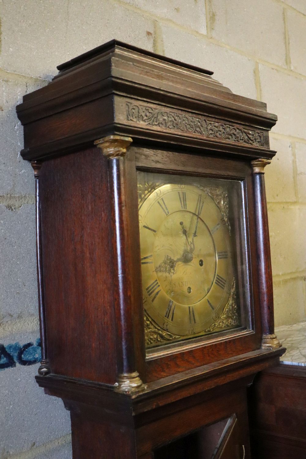 A George III oak eight day longcase clock, the square brass dial marked Brice of Sandwich, height 210cm